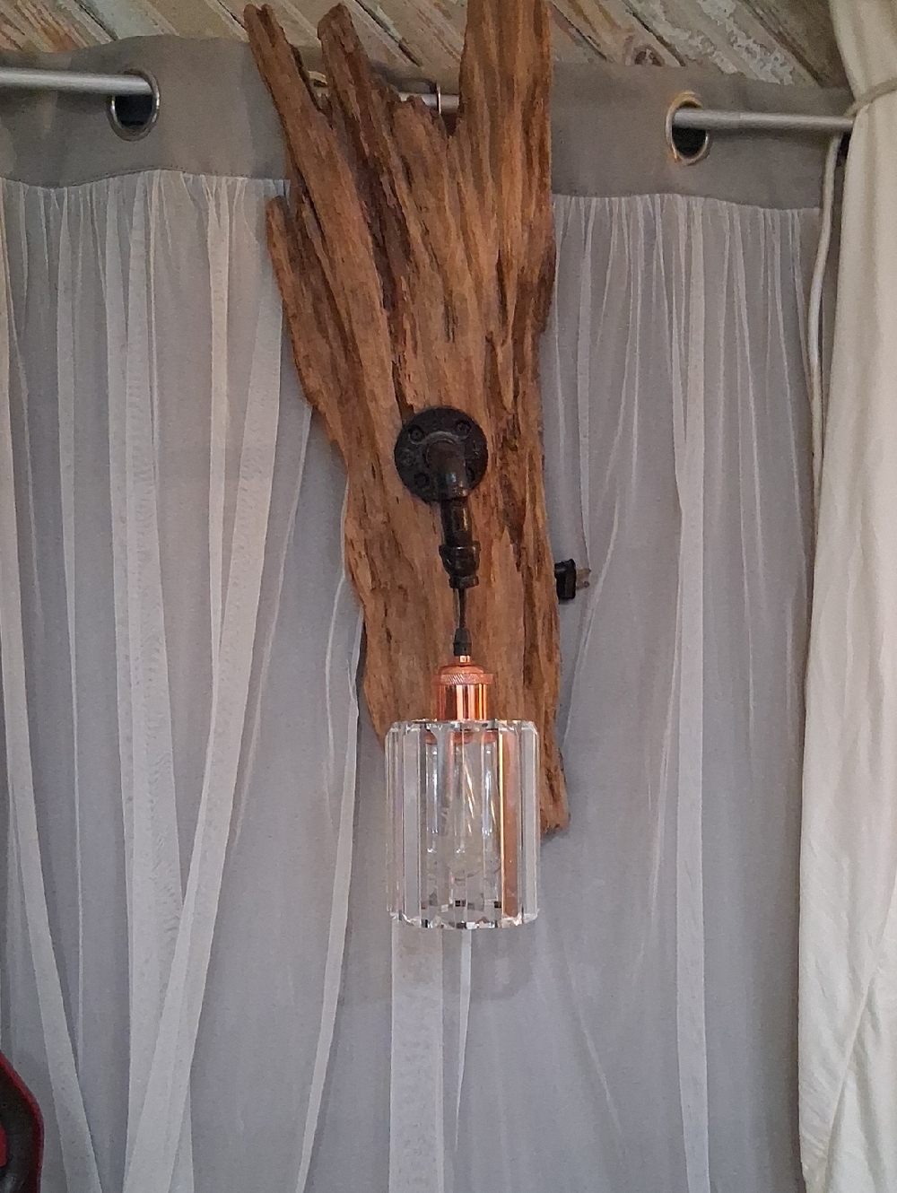 Wood Backed Wall Sconce with Clear Glass Shade and Copper Accent